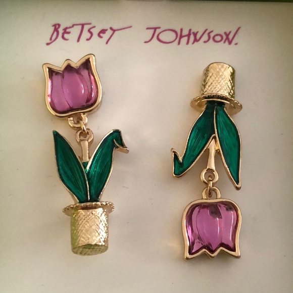 Betsey Johnson Gold Tone Purple Resin Tulip Mismatch Drop Earrings NIB - Picture 8 of 11